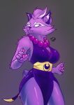  anthro asuri_(brawlhalla) breasts clothing dress empty_eyes felid feline female fur hi_res jewelry mammal markings necklace pantherine purple_body purple_clothing purple_dress purple_fur short_tail signature simple_background solo thick_thighs tiger white_markings 