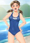 1girl absurdres angry ass_visible_through_thighs blush breasts brown_eyes brown_hair contrapposto covered_nipples fence hair_between_eyes hands_on_hips highres horaki_hikari igarashimw neon_genesis_evangelion open_mouth pool school_swimsuit short_hair small_breasts solo swimsuit teeth thighs tongue twintails upper_teeth 