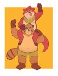  2022 absurd_res anthro belly bottomwear brown_body canid canine carrying clothing duo hi_res humanoid_hands male mammal navel overweight overweight_male piggyback raccoon_dog shorts simple_background smollsaid tanuki tongue tongue_out 