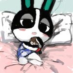  animal_crossing bed blush bronzecatworld dotty_(animal_crossing) duo embrace female feral furniture hug human lagomorph leporid low_res male mammal micro nintendo open_mouth rabbit video_games villager_(animal_crossing) 