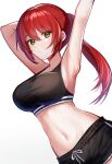  1girl armpits arms_up bangs black_shorts black_sports_bra blush breasts closed_mouth cowboy_shot enjt5228 eyebrows_visible_through_hair green_eyes hair_between_eyes highres large_breasts long_hair looking_at_viewer midriff navel original ponytail red_hair short_shorts shorts simple_background solo sports_bra stretch sweat sweatdrop symbol-only_commentary white_background 