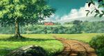  blue_flower building bush cloud commentary day flower forest highres leaf mansion meadow mountainous_horizon nature no_humans path rock scarlet_devil_mansion scenery sky suzu_(susan_slr97) touhou tree white_flower yellow_flower 
