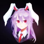  1girl :/ animal_ears black_background closed_mouth crescent cropped_shoulders dark_background expressionless eyebrows_behind_hair face hair_between_eyes long_hair looking_at_viewer necktie purple_hair rabbit_ears red_eyes reisen_udongein_inaba shirt signature simple_background solo touhou upper_body white_shirt whiten_wolf 