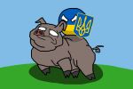  ambiguous_gender blue_background blue_body brown_body coat_of_arms countryballs domestic_pig duo feral green_background mammal politics riding_on_back shield simple_background snout suid suina sus_(pig) ukraine untaggable_artist white_eyes yellow_body 