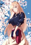  1girl alternate_costume atago_(kancolle) black_shirt blonde_hair breasts cherry_blossoms commentary_request cowboy_shot flower green_eyes hand_bag highres kantai_collection large_breasts light_brown_skirt long_hair looking_at_viewer shingyou_(alexander-13) shirt solo standing 