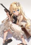  1girl black_necktie blonde_hair blue_eyes dress exposed_shoulders gun hair_intakes hair_ornament highres kakao_rantan kisaragi_alice long_hair looking_to_the_side necktie sentouin_hakenshimasu! shotgun weapon white_dress 