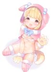 1girl animal_hands bandeau bikini blonde_hair blush bow bowtie capelet flat_chest full_body fur-trimmed_capelet fur-trimmed_gloves fur-trimmed_legwear fur_trim gloves hood mutou_mato navel open_mouth original paw_gloves pink_capelet pom_pom_(clothes) short_hair side-tie_bikini simple_background smile solo swimsuit thighhighs white_background white_bikini yellow_eyes 