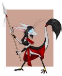  2022 anthro armor black_hair blue_sclera female fur grey_body grey_fur hair hi_res holding_object holding_spear holding_weapon looking_aside mammal melee_weapon out-of-placers polearm simple_background solo spear standing tomek1000 valsalia weapon webcomic yinglet 