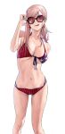  1girl :q applekun arm_behind_back bangs bikini earrings fate/grand_order fate_(series) flag_print front-tie_top halterneck hand_on_eyewear highres jewelry miyamoto_musashi_(fate) multi-strapped_bikini navel pink_hair ponytail round_eyewear simple_background solo string_bikini sunglasses swept_bangs swimsuit tongue tongue_out white_background 