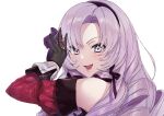  1girl :d absurdres bare_shoulders black_gloves blush drill_hair gloves hair_ornament highres hyakumantenbara_salome long_hair looking_at_viewer mao_san nijisanji purple_eyes purple_hair simple_background smile solo virtual_youtuber white_background 