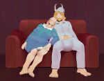  absurd_res anthro asgore_dreemurr barefoot beard blonde_hair boss_monster bovid caprine clothing diaper duo eyes_closed facial_hair feces feet female furniture hair hi_res horn leaning_on_another long_ears male mammal messy_diaper pain_fanatic pajamas simple_background sleeping sofa soiling toriel undertale undertale_(series) video_games 