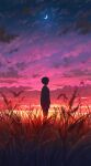  1boy absurdres bird blurry blurry_foreground cloud cloudy_sky crescent_moon from_behind highres long_sleeves looking_up male_focus moon original pasoputi scenery short_hair sky solo sunset wheat_field 