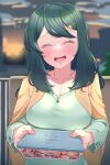  1girl :d blurry blurry_background breasts character_request cleavage closed_eyes facing_viewer food green_hair hair_ornament hairclip highres large_breasts long_hair outdoors railing smile solo sunaonakapipara tupperware virtual_youtuber 