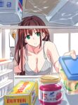  1girl breasts brown_hair butter chinatsu_(suzutsuki_kurara) cleavage commentary food green_eyes highres jam large_breasts original refrigerator shiny shiny_skin solo suzutsuki_kurara 