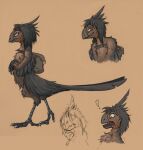  2014 ambiguous_gender anthro avian backpack beak brown_background brown_body digital_media_(artwork) feathered_wings feathers nude side_view simple_background smile solo surprise talons valsalia walking wings yellow_eyes 