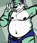  2022 absurd_res anthro belly big_belly blue_eyes blush bulge clothing eyewear felid genitals glasses green_body hi_res humanoid_hands mammal moobs navel nipples one_eye_closed orbitpaws pantherine penis tiger tongue tongue_out underwear white_body wink 