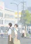  2others 3girls 5boys absurdres backpack bag bicycle blue_bag blue_hair brown_bag brown_hair building closed_eyes day grey_bag ground_vehicle hand_in_pocket handbag hayashi_naoyuki highres holding holding_bag lamppost long_hair multiple_boys multiple_girls multiple_others open_mouth original outdoors painterly red_bag road_sign scenery short_hair sign silhouette smile tree utility_pole walking watch wristwatch yellow_footwear 