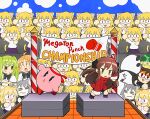  3girls :3 =_= ^_^ ahoge arima_miyako arm_up blonde_hair blue_sky boxing_gloves brown_hair chinese_clothes closed_eyes cloud crowd english_text green_eyes green_hair grey_hair hibino_hibiki highres itsuka_neru katsuragi_chikagi kirby kirby_(series) long_hair multiple_girls neco-arc neco-arc_chaos open_mouth orange_hair outdoors red_eyes short_hair sky sweatdrop tsukihime twintails type-moon 