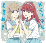  2girls bow braid brown_eyes brown_hair collarbone fujisaki_shiori hairband kobayashi_chizuru long_hair looking_at_viewer mikihara_megumi multiple_girls open_mouth red_eyes red_hair school_uniform simple_background smile tokimeki_memorial tokimeki_memorial_1 