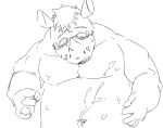  2022 anthro belly blush bodily_fluids cum eyewear genital_fluids glasses humanoid_hands kemono male mammal musclegut nipples rhinocerotoid simple_background sketch solo train_(artist) 