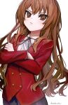  1girl aisaka_taiga artist_name bangs blush brown_eyes brown_hair collared_shirt crossed_arms daenarys flat_chest frown jacket leaning_back long_hair red_jacket shirt solo toradora! v-shaped_eyebrows white_background white_shirt 