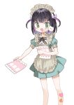  1girl apron bandaid bandaid_on_face bandaid_on_leg bandaid_on_neck black_bow black_hair blush blush_stickers bow eyebrows_visible_through_hair frilled_apron frills gradient gradient_hair green_eyes heart holding holding_paper maid maid_headdress medium_hair mole mole_under_eye multicolored_hair nishizawa open_mouth original paper purple_hair simple_background smile solo twintails two-tone_hair white_background 