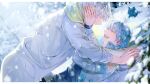  &gt;_&lt; 2boys blue_hair clear_(dramatical_murder) closed_eyes dog dramatical_murder everydaysleep long_hair long_sleeves male_focus multiple_boys on_bed open_mouth outdoors ren_(dramatical_murder) scarf seragaki_aoba short_hair smile snow snowflakes white_hair yaoi yellow_scarf 