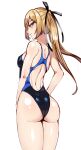  1girl absurdres ass black_swimsuit blonde_hair blue_eyes breasts commentary_request competition_swimsuit cowboy_shot dead_or_alive dead_or_alive_5 from_behind highres long_hair looking_at_viewer looking_back marie_rose one-piece_swimsuit simple_background small_breasts solo standing swimsuit volyz white_background 