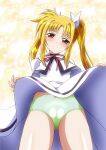  1girl blonde_hair blush cameltoe closed_mouth clothes_lift fate_testarossa from_below green_panties hair_ribbon highres kyolnov lifted_by_self long_hair looking_at_viewer lyrical_nanoha mahou_shoujo_lyrical_nanoha mahou_shoujo_lyrical_nanoha_a&#039;s panties red_eyes ribbon school_uniform seishou_elementary_school_uniform shiny shiny_hair simple_background skirt skirt_lift smile solo twintails underwear 