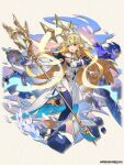  1girl 2boys blonde_hair blue_eyes blue_legwear bridal_veil dragalia_lost dress euden feathers full_body gala_nedrick holding holding_staff long_hair looking_to_the_side multiple_boys official_art open_mouth sleeveless staff veil very_long_hair white_dress wrist_cuffs zethia 