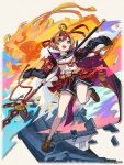  1girl armor bracelet dragalia_lost full_body gloves green_eyes headband holding holding_polearm holding_weapon japanese_armor jewelry looking_at_viewer multicolored_hair official_art orange_hair polearm red_hair red_headband sailor_collar short_hair shorts socks two-tone_hair weapon white_gloves yukimura_(dragalia_lost) 