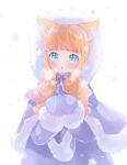  1girl :o animal_ear_fluff animal_ears backlighting blush bow bowtie capelet coat commentary_request cowboy_shot fox_ears fur-trimmed_capelet fur-trimmed_hood fur_trim highres hood hooded_coat light_blue_eyes long_hair looking_at_viewer mittens mutou_mato open_mouth orange_hair original own_hands_together purple_capelet purple_coat simple_background snowing solo wavy_hair white_background winter_clothes 