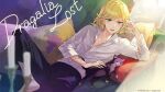  1boy aqua_eyes blonde_hair cat couch cross_hair_ornament dragalia_lost emile_(dragalia_lost) hair_ornament long_hair long_sleeves looking_at_viewer official_art on_bed open_mouth pillow shirt white_shirt 
