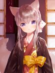  1girl :&lt; animal_ears blush commentary_request frown grey_hair hair_ribbon haori highres japanese_clothes kimono long_hair multiple_tails mutou_mato obi original purple_eyes ribbon sash shouji sidelocks sliding_doors solo tail tearing_up upper_body 