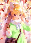  1girl :d acorn animal_ear_fluff animal_ears autumn_leaves bag bangs blue_bow blurry blurry_background blush bow commentary_request cover cover_page depth_of_field dress eyebrows_visible_through_hair fur-trimmed_sleeves fur_collar fur_trim green_dress hair_between_eyes hair_bow highres holding long_hair long_sleeves mutou_mato open_mouth orange_hair original red_eyes shoulder_bag smile solo textless_version upper_body very_long_hair white_bow 