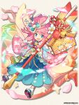  1boy 2girls aqua_bow blonde_hair blue_eyes bow cherry_blossoms dragalia_lost euden fairy fang floral_print flower full_body hair_flower hair_ornament heart heart_hair_ornament japanese_clothes kimono long_hair long_sleeves looking_at_viewer multiple_girls notte_(dragalia_lost) official_art open_mouth petals pink_hair pink_kimono sandals smile wavy_hair wide_sleeves zethia 