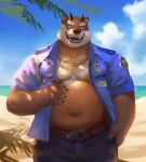  2022 absurd_res anthro beach belly big_belly bottomwear brown_body brown_fur clothed clothing detailed_background fur hi_res horn kemono male mammal moobs navel open_clothing open_shirt open_topwear outside overweight overweight_male palm_tree pants plant police police_badge police_officer police_uniform qigiu seaside shirt solo topwear tree uniform ursid water 
