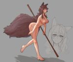  1girl animal_ears bangs barefoot breasts brown_hair collarbone commission copyright_request eyebrows_visible_through_hair fox_ears fox_girl fox_tail from_side full_body grey_background highres holding holding_staff holding_weapon large_breasts leaning_forward long_hair multiple_views nipples orange_eyes popopoka smile staff tail weapon weapon_request 