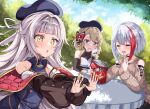  +_+ 3girls acchii_(akina) admiral_graf_spee_(azur_lane) admiral_graf_spee_(girl&#039;s_sunday)_(azur_lane) azur_lane blue_eyes bugles bugles_on_fingers commentary_request multiple_girls official_alternate_costume open_bag open_mouth outdoors sitting snack sparkling_eyes sweater table yellow_eyes z23_(azur_lane) z46_(azur_lane) 