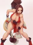  1girl absurdres bare_shoulders breasts brown_eyes brown_hair cleavage fatal_fury folding_fan hand_fan high_ponytail highres japanese_clothes large_breasts lesott long_hair looking_to_the_side ninja pelvic_curtain ponytail revealing_clothes shiranui_mai smile solo standing the_king_of_fighters 