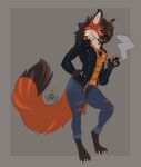  anthro barefoot black_body black_fur bottomwear canid canine cigarette clawed_fingers claws clothed clothing digital_media_(artwork) digitigrade dipstick_ears dipstick_tail facial_piercing feet female flannel fluffy fur grey_background hi_res jacket jax_(yeen.queen) leather leather_clothing leather_jacket leather_topwear mammal maned_wolf markings multicolored_body multicolored_ears neck_tuft nonbinary_(lore) nose_piercing nose_ring orange_body orange_eyes orange_fur piercing punk simple_background smoking solo tail_markings terrawolfdog toe_claws tomboy topwear torn_bottomwear torn_clothing tuft white_body white_fur 