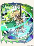 1boy ahoge alternate_hairstyle armored_boots blonde_hair boots cape dragalia_lost dragon euden full_body gauntlets gloves gradient_hair green_cape green_eyes green_hair holding holding_sword holding_weapon knight long_hair looking_at_viewer multicolored_hair official_art sword weapon white_gloves 