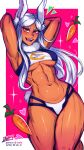  1girl abs animal_ears armpits arms_behind_head artist_name boku_no_hero_academia border breasts carrot commentary dark-skinned_female dark_skin english_commentary fangs heart highres iahfy long_hair looking_at_viewer medium_breasts mirko navel open_mouth patreon_username rabbit_ears rabbit_girl rabbit_tail solo tail teeth tongue twitter_username underboob watermark white_border white_hair 
