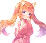 1girl :o animal_ears blush bow bowtie commentary_request dress highres long_hair looking_at_viewer mutou_mato orange_hair original pink_dress purple_eyes simple_background solo twintails upper_body white_background 