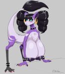  2021 absurd_res all_fours anthro big_breasts black_hair breasts chest_tuft collar ear_piercing ear_ring female fur green_sclera hair hi_res huge_breasts looking_at_viewer mammal markings mole_(marking) nipple_piercing nipples out-of-placers piercing plankboy purple_body purple_fur simple_background solo spiked_collar spikes tuft webcomic white_body white_fur yinglet 