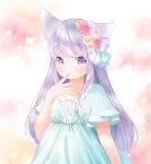  1girl animal_ears blue_dress blush commentary_request dress finger_to_own_chin flower hair_flower hair_ornament highres long_hair looking_at_viewer mutou_mato original purple_eyes purple_hair short_sleeves smile solo upper_body 