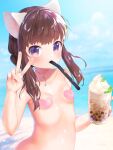  1girl animal_ears beach blush breasts brown_hair cat_ears commentary_request covered_nipples cup day drink drinking_glass drinking_straw drinking_straw_in_mouth hair_bun heart heart_pasties highres long_hair looking_at_viewer mouth_hold mutou_mato original outdoors pasties purple_eyes sidelocks sky small_breasts smile solo upper_body v water 