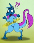  2021 ?! anthro blue_body blue_fur blush cashier:3 dez_(ashura43) digitigrade female fur mammal nintendo open_mouth out-of-placers pok&eacute;mon pok&eacute;mon_(species) salazzle simple_background solo species_transformation standing surprise transformation transformation_ring video_games webcomic yinglet 