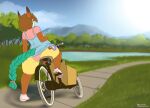  2022 anthro bicycle brown_hair butt camel_toe clothing cutie_mark day digital_media_(artwork) female footwear forest grass hair halcy0n hi_res jero mammal mountain my_little_pony outside pink_clothing pink_underwear plant rear_view road shoes solo tree underwear water wide_hips 