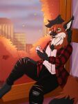  anthro autumn black_body black_fur bottomwear canid canine cellphone clawed_fingers clothed clothing denim denim_clothing digital_media_(artwork) digitigrade dipstick_tail earbuds facial_piercing fangeddoe female flannel fur headphones hi_res jax_(yeen.queen) jeans looking_at_object looking_at_phone mammal maned_wolf markings multicolored_body nonbinary_(lore) nose_piercing nose_ring orange_body orange_eyes orange_fur pants phone piercing shirt sitting smartphone solo t-shirt tail_markings tomboy topwear torn_bottomwear torn_clothing torn_jeans torn_pants white_body white_fur 